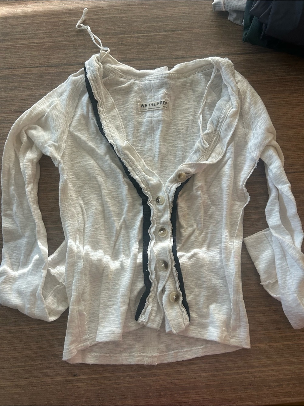 We The Free Ivory Button-Front Slub Knit Top with Contrast Trim